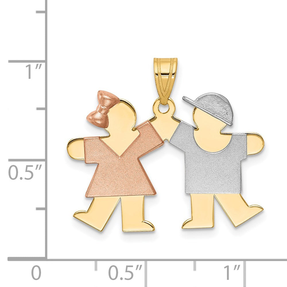 14k Tri-Color Gold Small Girl on Left and Boy on Right Engravable Charm