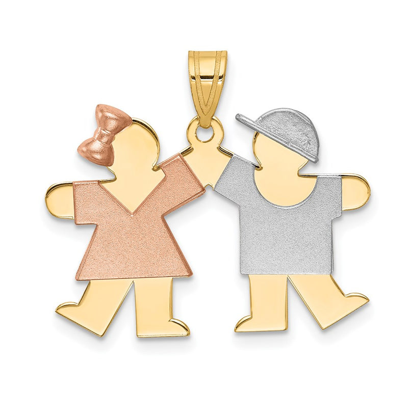 14k Tri-Color Gold Small Girl on Left and Boy on Right Engravable Charm