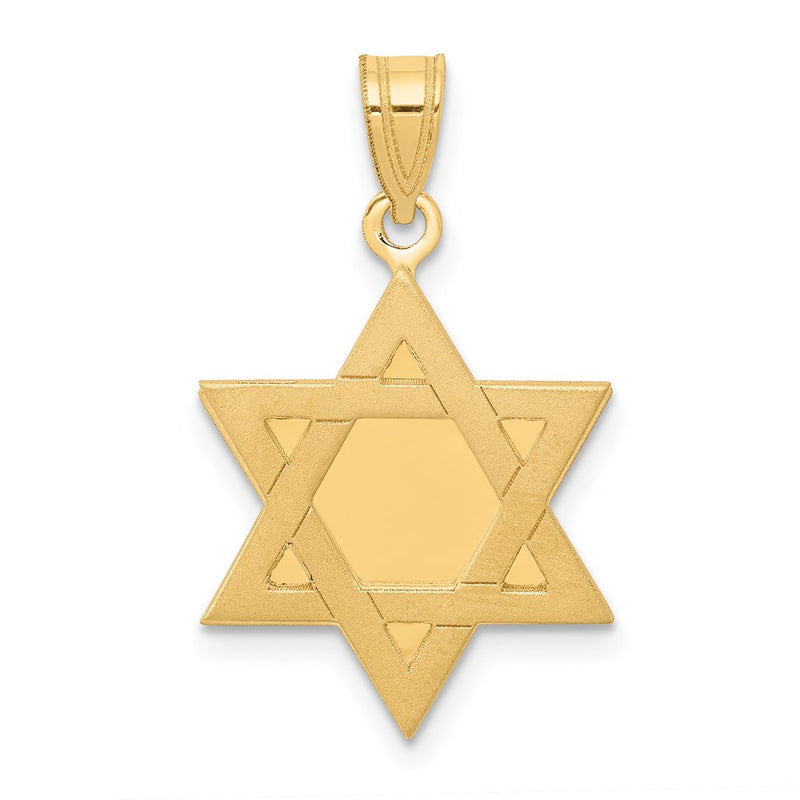 A 14k yellow gold Star of David pendant with a flat back profile and a looped bail.