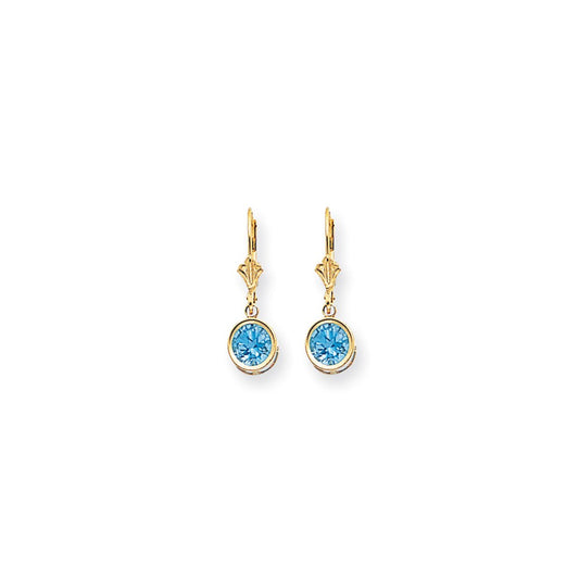 14k Yellow Gold 6mm Blue Topaz Checker leverback Earrings