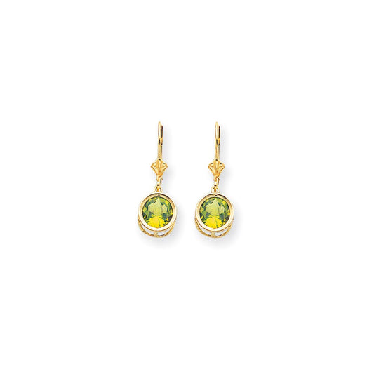 14k Yellow Gold 8mm Peridot Leverback Earrings