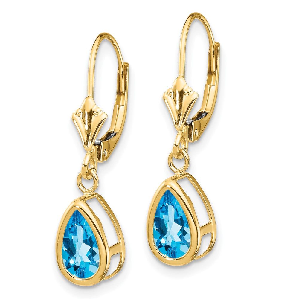 14k Yellow Gold 8x5mm Pear Blue Topaz Leverback Earrings