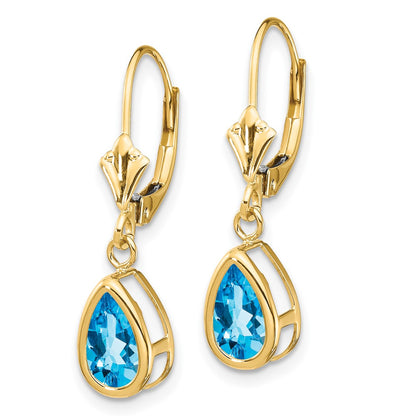 14k Yellow Gold 8x5mm Pear Blue Topaz Leverback Earrings