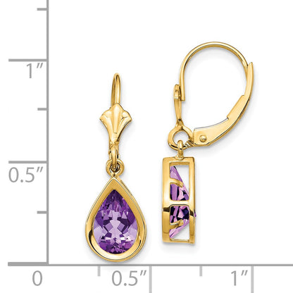 14k Yellow Gold 9x6mm Pear Amethyst Leverback Earrings