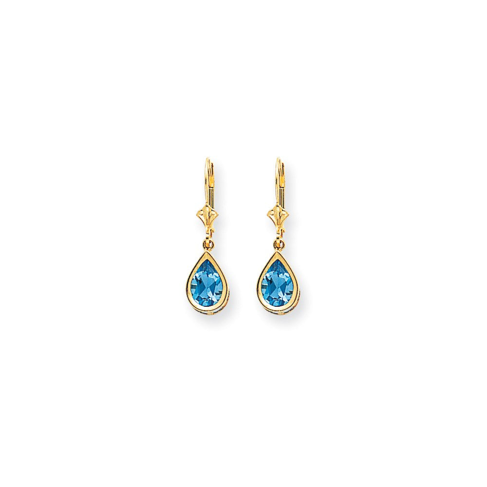14k Yellow Gold 9x6mm Pear Blue Topaz Checker leverback Earrings