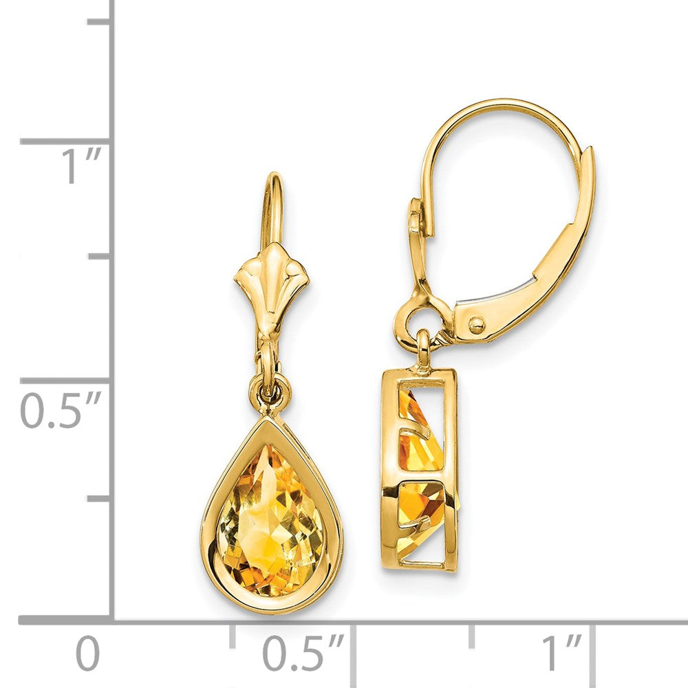 14k Yellow Gold 9x6mm Pear Citrine Leverback Earrings