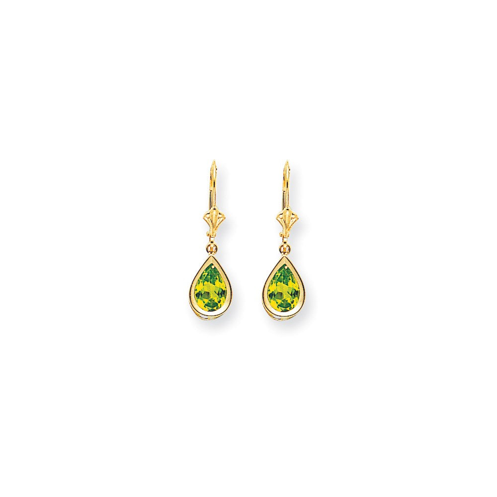 14k Yellow Gold 9x6mm Pear Peridot Checker leverback Earrings
