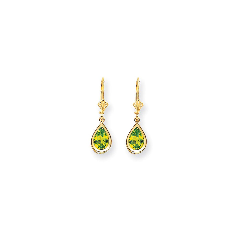 14k Yellow Gold 9x6mm Pear Peridot Checker leverback Earrings