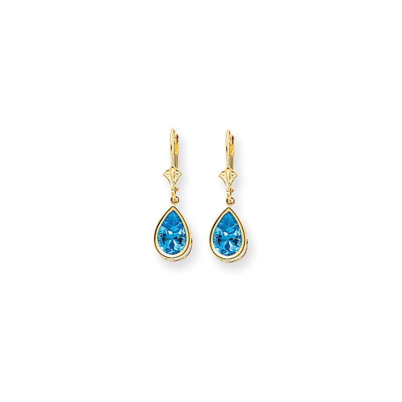 14k Yellow Gold 10x7mm Pear Blue Topaz Checker leverback Earrings