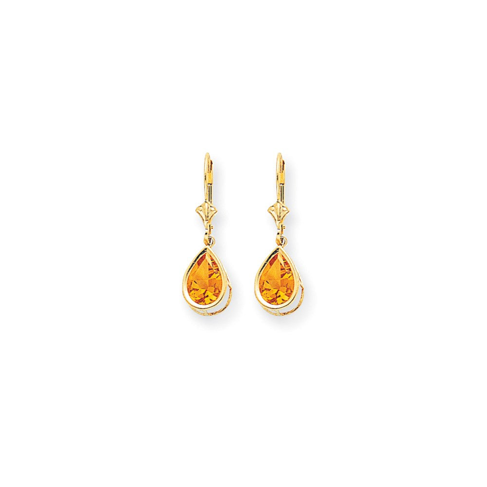 14k Yellow Gold 10x7mm Pear Citrine Checker leverback Earrings