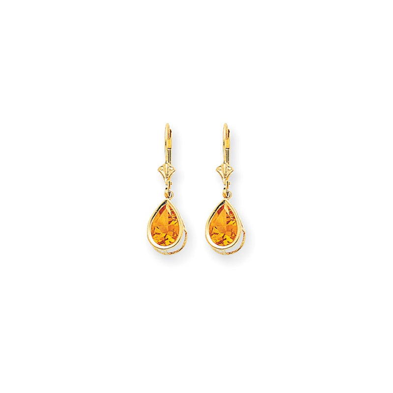 14k Yellow Gold 10x7mm Pear Citrine Checker leverback Earrings