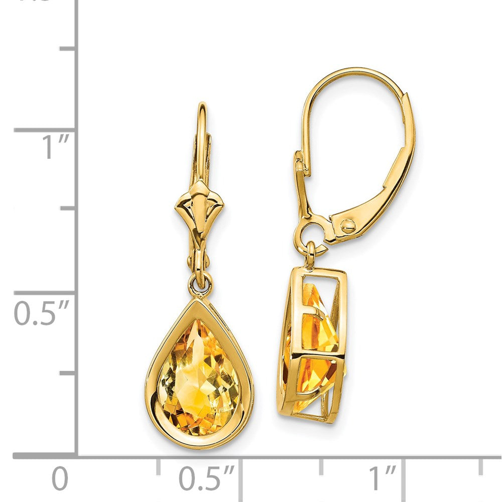 14k Yellow Gold 10x7mm Pear Citrine Leverback Earrings