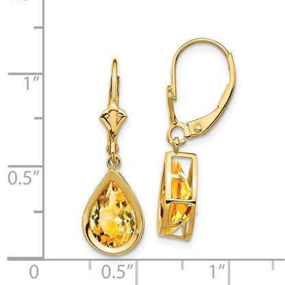 14k Yellow Gold 10x7mm Pear Citrine Leverback Earrings