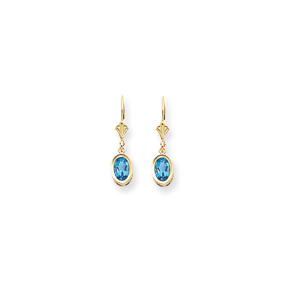 14k Yellow Gold 7x5mm Oval Blue Topaz Checker leverback Earrings
