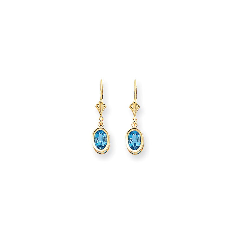 14k Yellow Gold 7x5mm Oval Blue Topaz Checker leverback Earrings