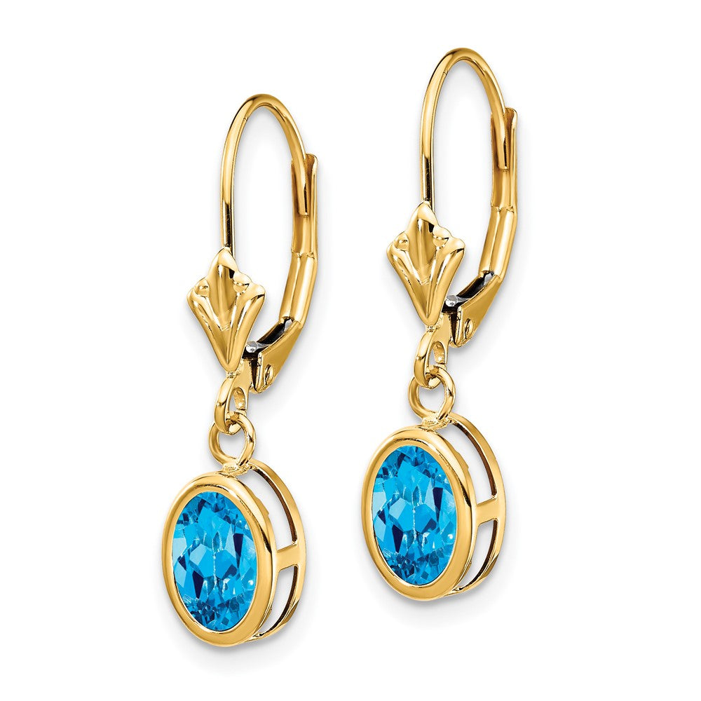 14k Yellow Gold 7x5mm Oval Blue Topaz Leverback Earrings