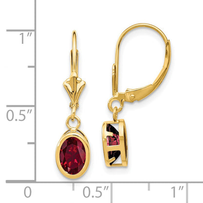 14k Yellow Gold 7x5mm Oval Created Ruby leverback Earrings