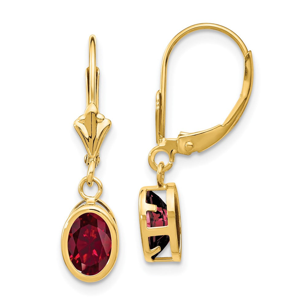 14k Yellow Gold 7x5mm Oval Created Ruby leverback Earrings
