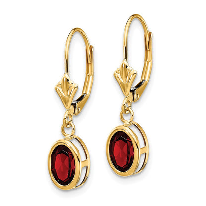 14k Yellow Gold 7x5mm Oval Garnet Leverback Earrings