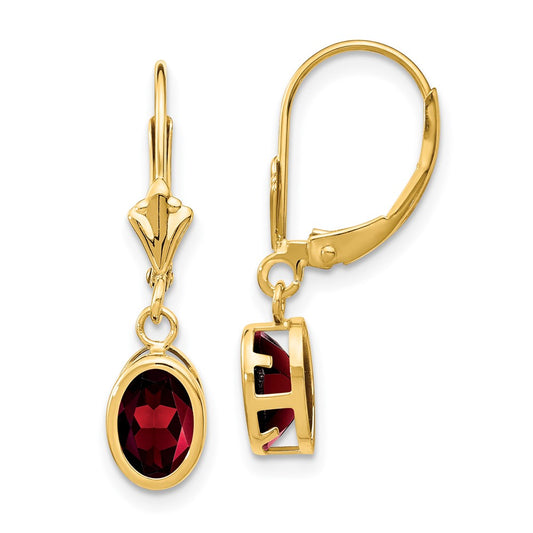 14k Yellow Gold 7x5mm Oval Garnet Leverback Earrings