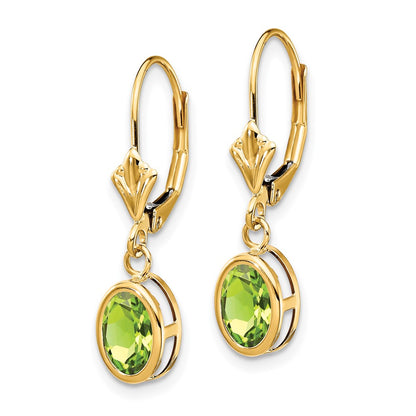 14k Yellow Gold 7x5mm Oval Peridot Leverback Earrings