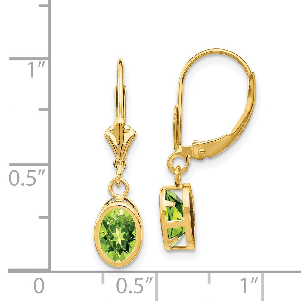 14k Yellow Gold 7x5mm Oval Peridot Leverback Earrings