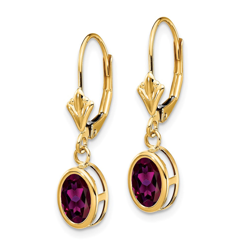 14k Yellow Gold 7x5mm Oval Rhodolite Garnet Leverback Earrings