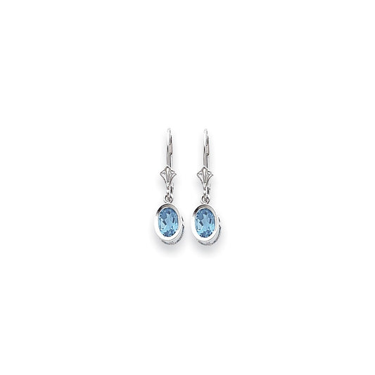 14k White Gold 7x5mm Oval Blue Topaz Checker leverback Earrings