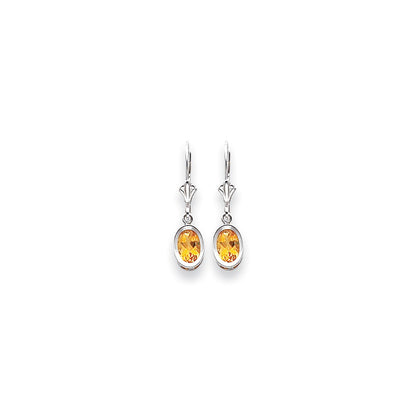 14k White Gold 7x5mm Oval Citrine Checker leverback Earrings
