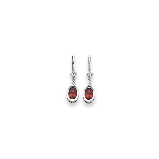 14k White Gold 7x5mm Oval Garnet Checker leverback Earrings