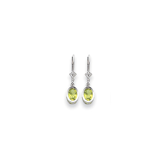 14k White Gold 7x5mm Oval Peridot Checker leverback Earrings
