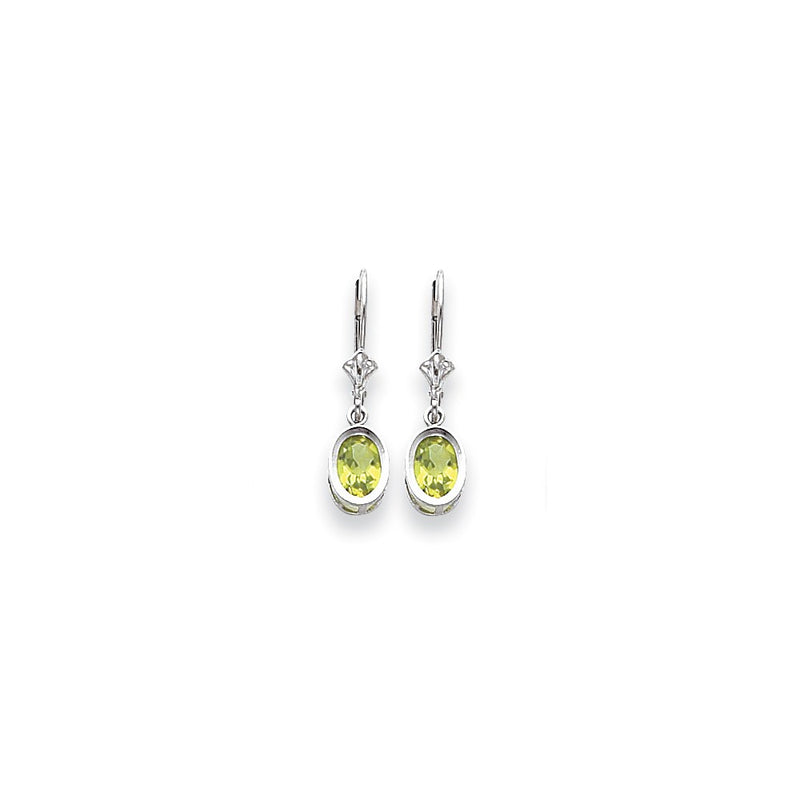 14k White Gold 7x5mm Oval Peridot Checker leverback Earrings