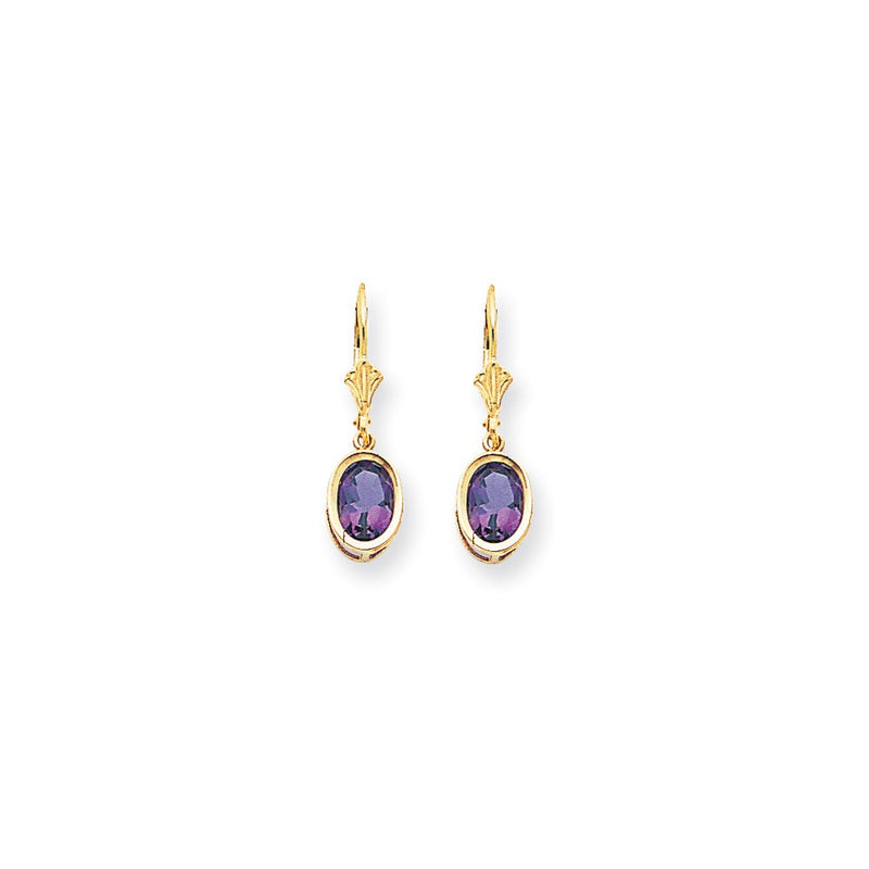 14k Yellow Gold 8x6mm Oval Amethyst Checker leverback Earrings