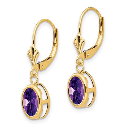 14k Yellow Gold 8x6mm Oval Amethyst Leverback Earrings