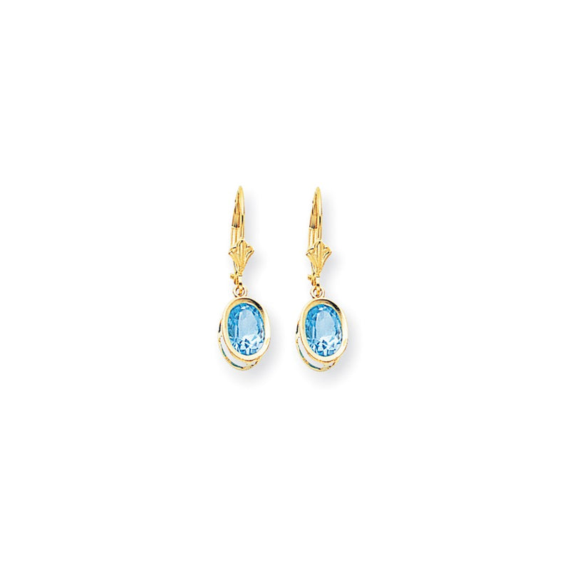 14k Yellow Gold 8x6mm Oval Blue Topaz Checker leverback Earrings