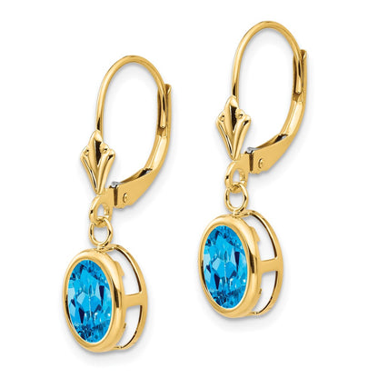 14k Yellow Gold 8x6mm Oval Blue Topaz Leverback Earrings