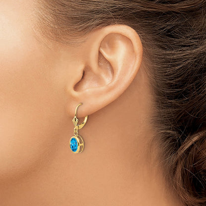 14k Yellow Gold 8x6mm Oval Blue Topaz Leverback Earrings