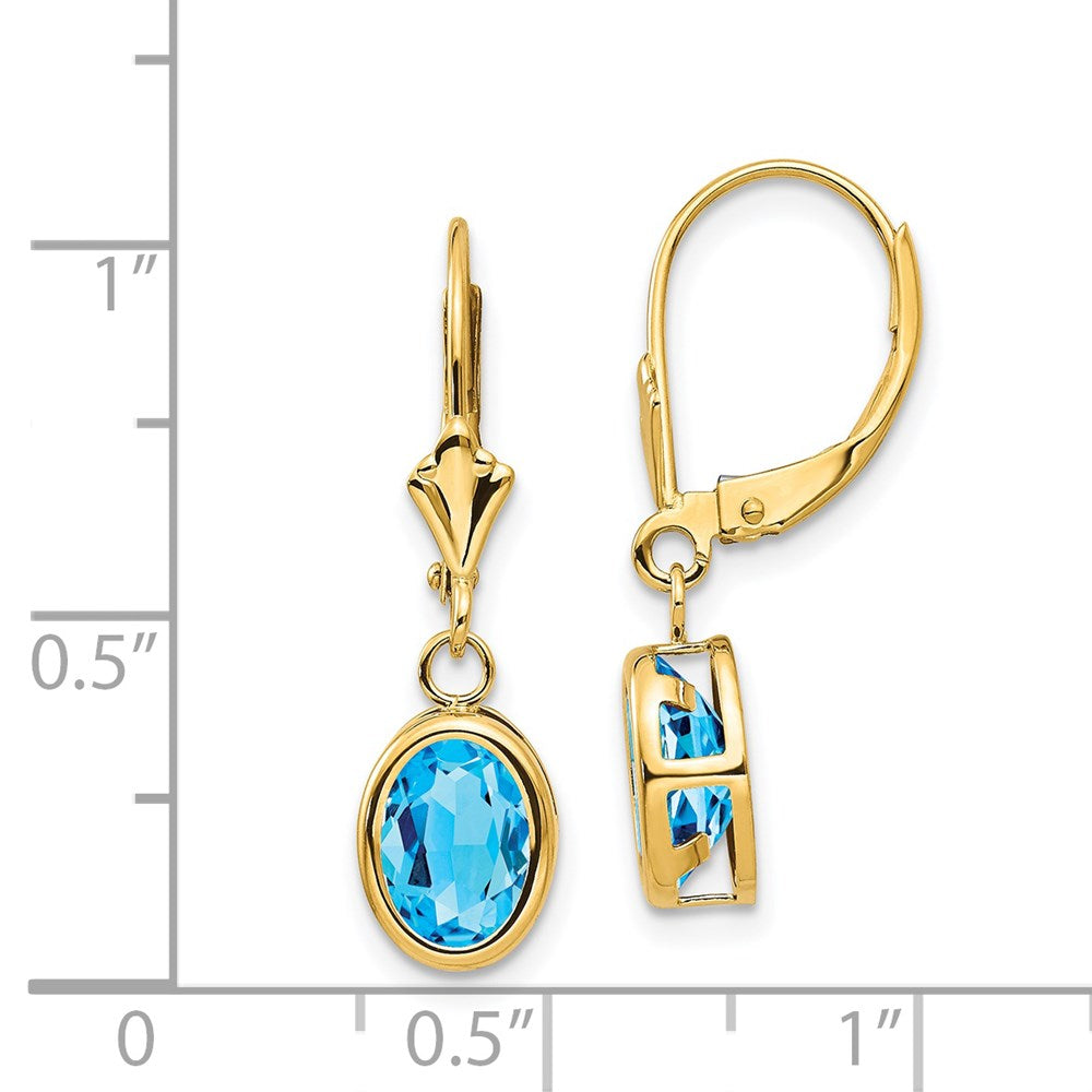 14k Yellow Gold 8x6mm Oval Blue Topaz Leverback Earrings