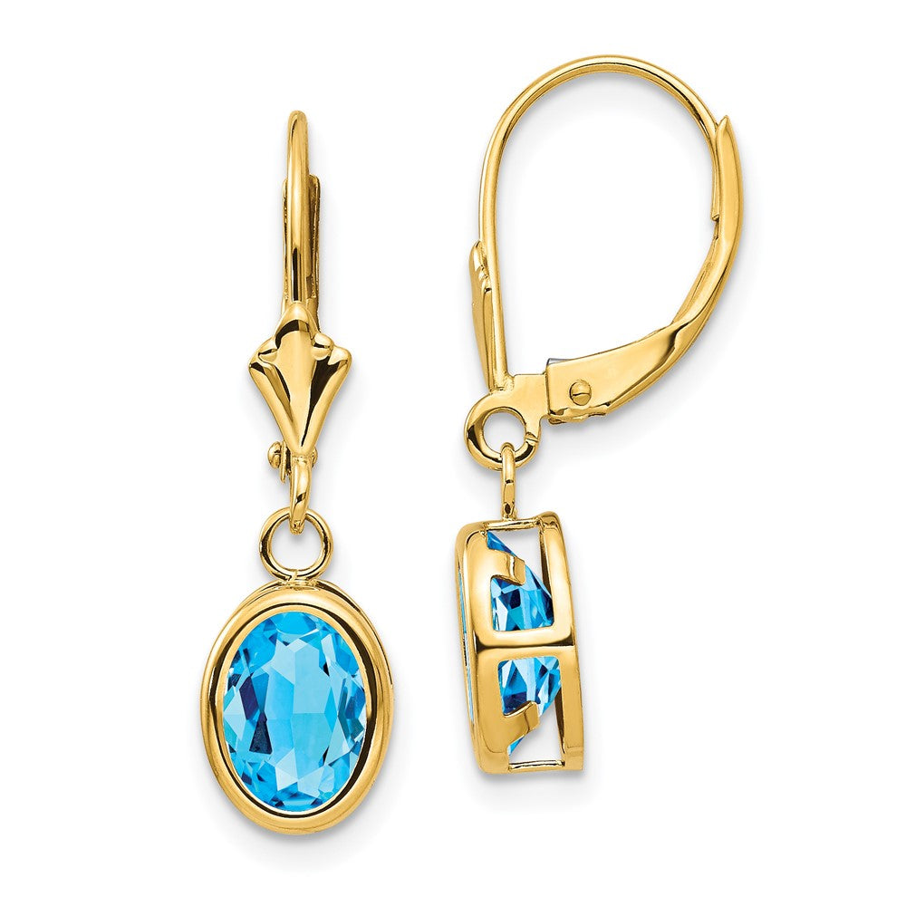 14k Yellow Gold 8x6mm Oval Blue Topaz Leverback Earrings