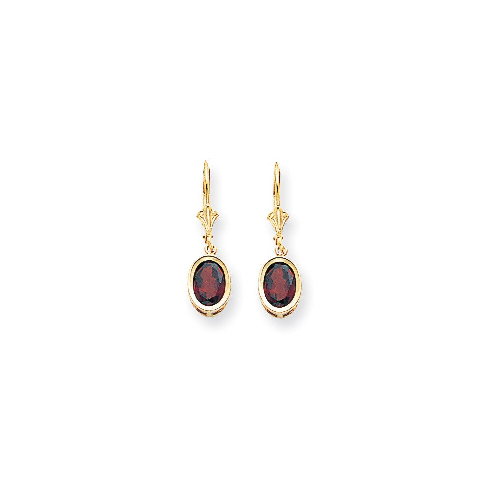 14k Yellow Gold 8x6mm Oval Garnet Checker leverback Earrings
