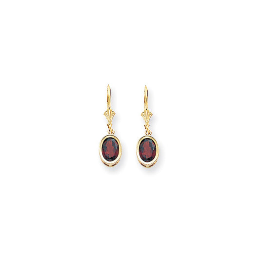 14k Yellow Gold 8x6mm Oval Garnet Checker leverback Earrings