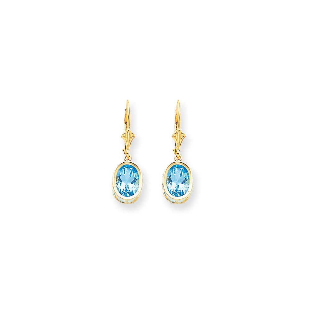 14k Yellow Gold 9x7mm Oval Blue Topaz Checker leverback Earrings