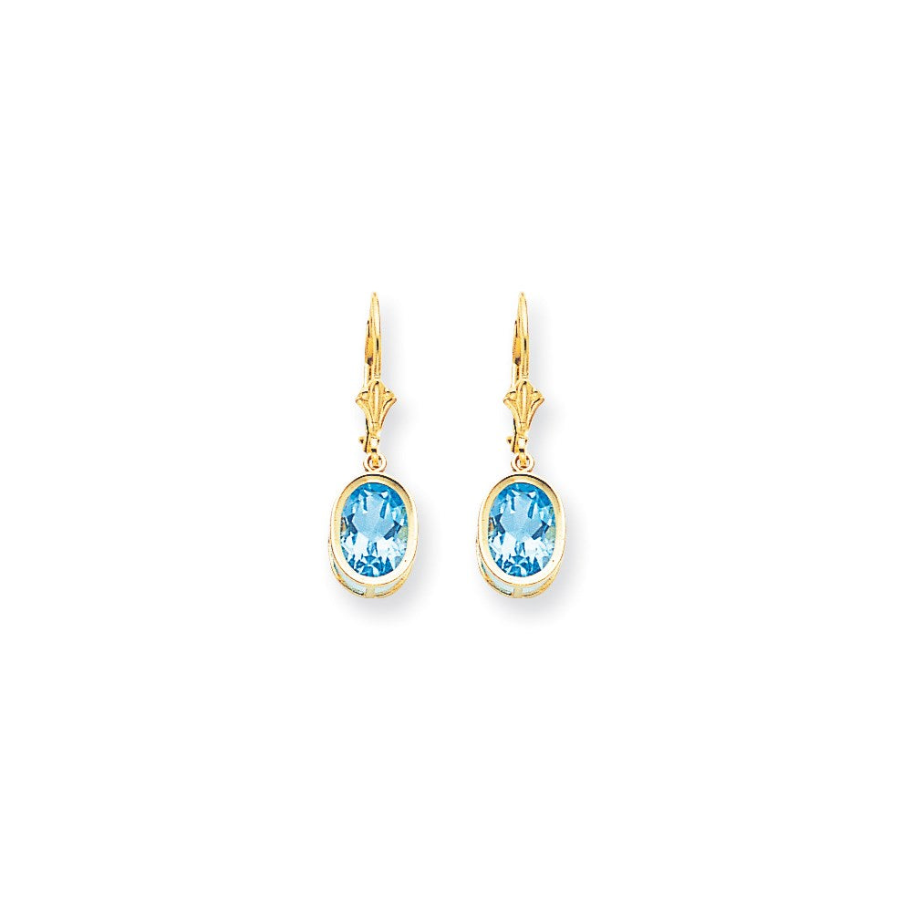 14k Yellow Gold 9x7mm Oval Blue Topaz Leverback Earrings