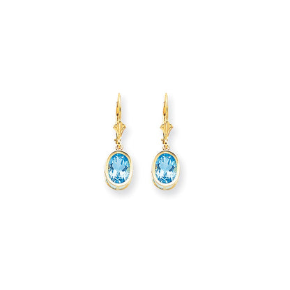 14k Yellow Gold 9x7mm Oval Blue Topaz Leverback Earrings