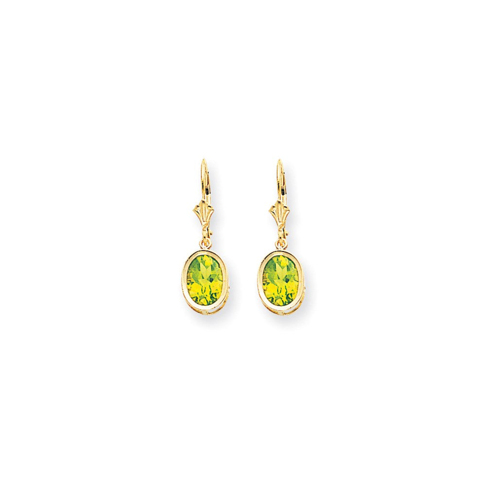 14k Yellow Gold 9x7mm Oval Peridot Checker leverback Earrings