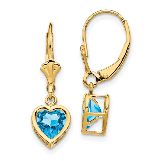 14k Yellow Gold 6mm Heart Blue Topaz Earrings