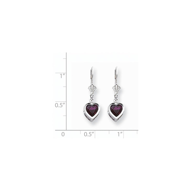 14k White Goldw Rhodolite Garnet Heart Leverback Earrings