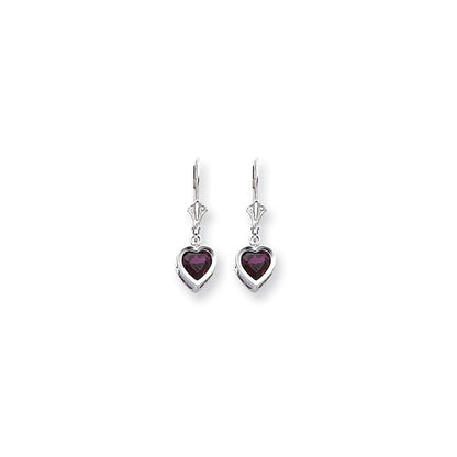 14k White Goldw Rhodolite Garnet Heart Leverback Earrings