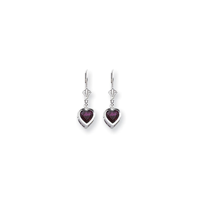 14k White Goldw Rhodolite Garnet Heart Leverback Earrings