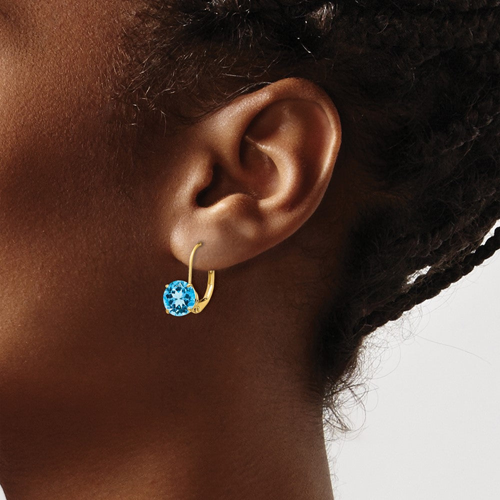 14k Yellow Gold 7mm Blue Topaz Leverback Earrings